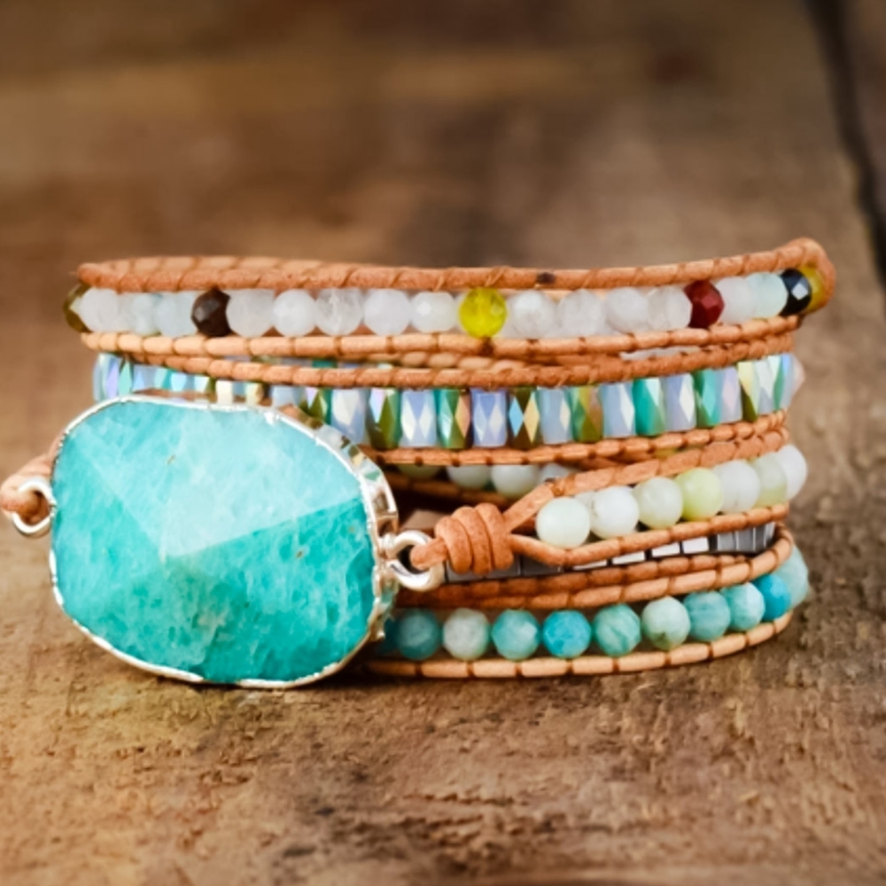 Amazonite Leather Handmade Beaded Wrap Bracelet - Picture 3 of 5